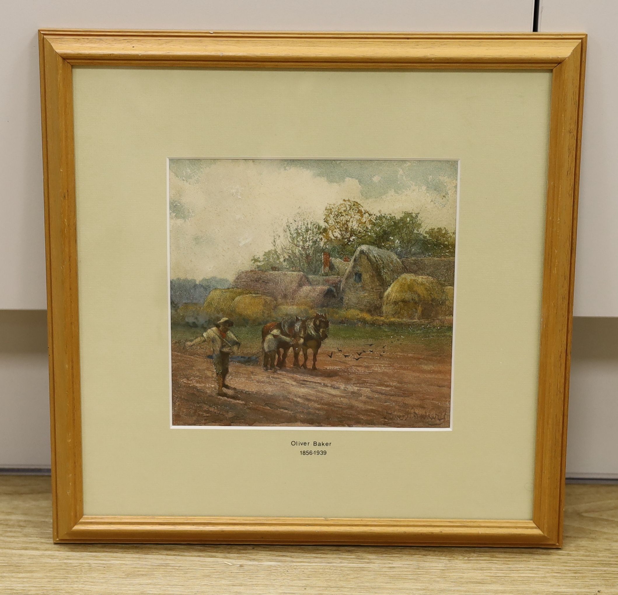 Oliver Baker (1856-1939), watercolour, Sowing the fields, signed, 18 x 19cm